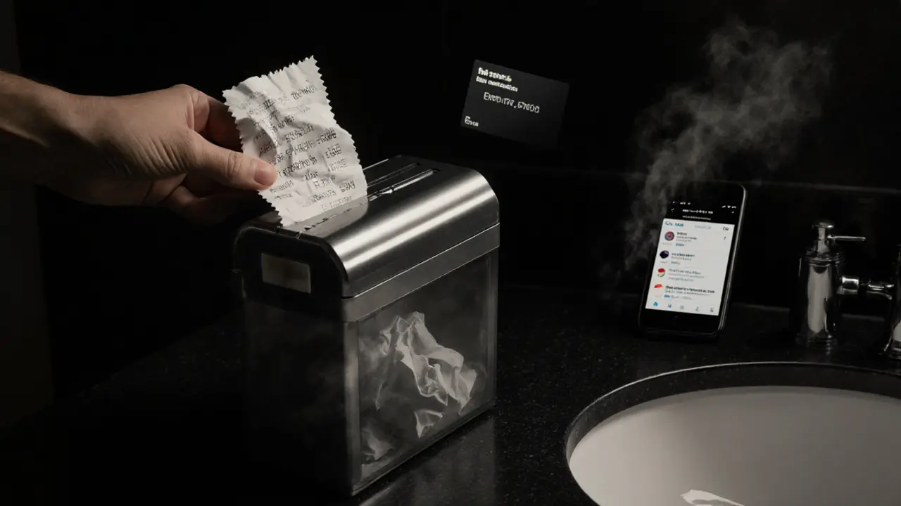 Hand shredding a receipt with destroyed card and deleted email on screen.