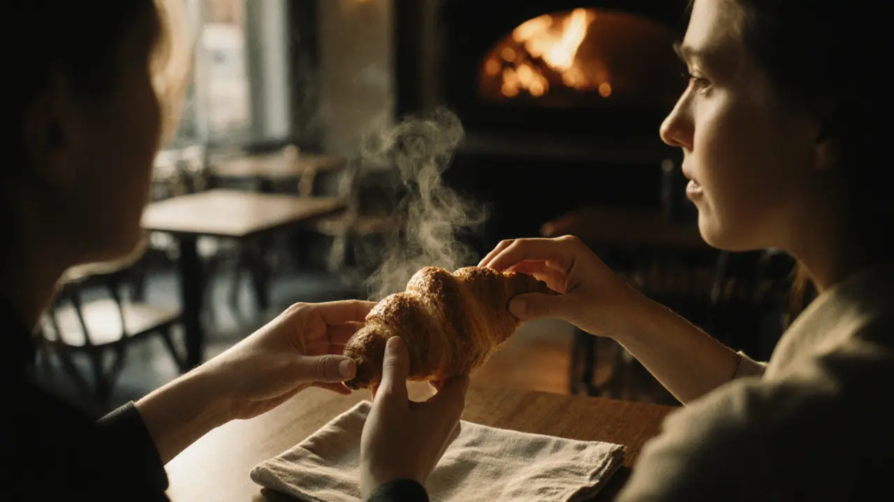 Hands sharing a pastry at a bakery at dawn, steam rising, warm light, no faces shown.