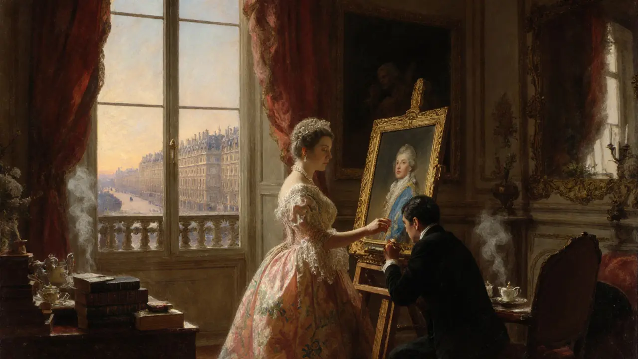 Madame de Pompadour stands before a portrait of Louis XV in her elegant Parisian boudoir, surrounded by art and books.