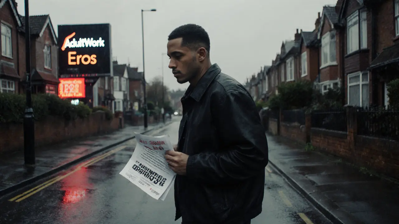 Man walking past a quiet East London street with a blurred flyer, AdultWork and Eros logos visible on a distant billboard.