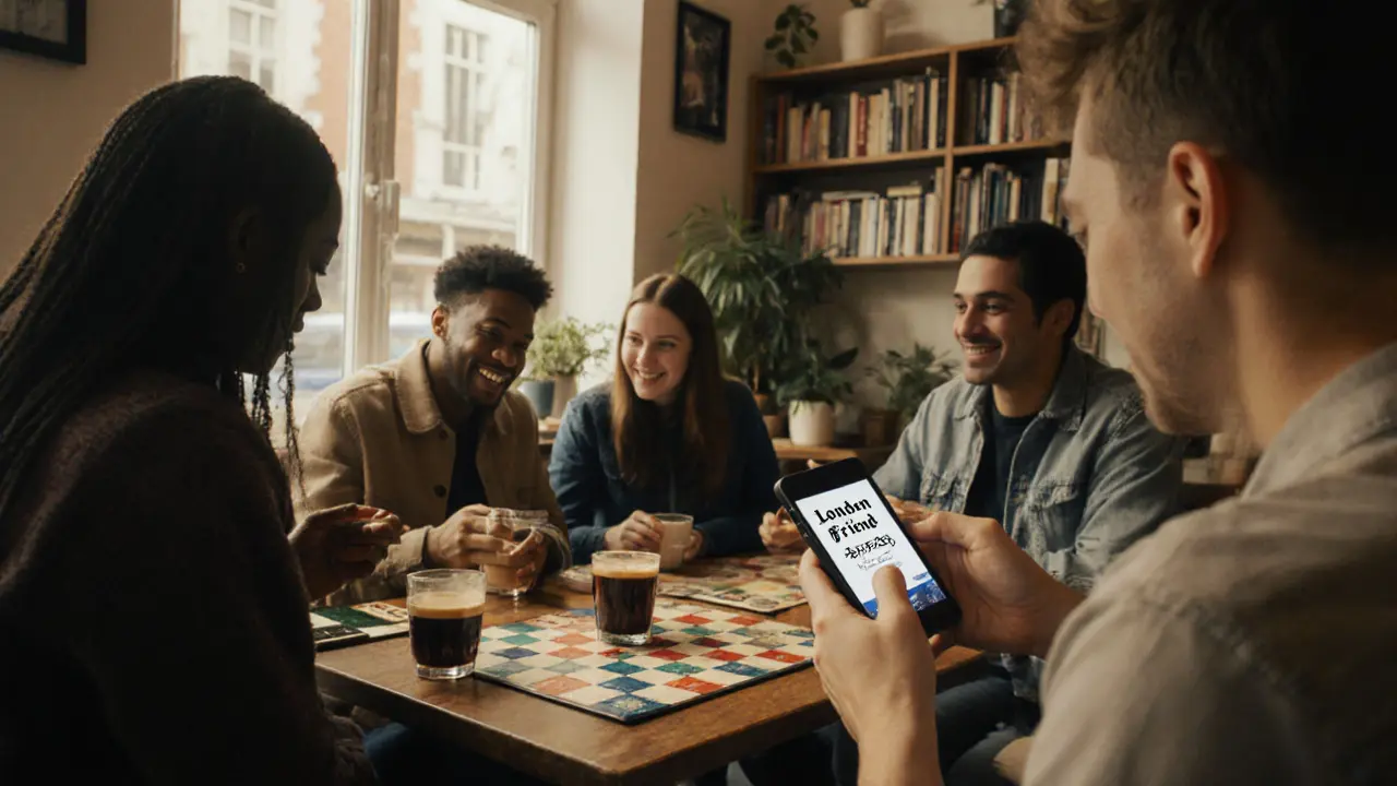 People socialize warmly in a London café, sharing conversation and games in a welcoming, safe environment.