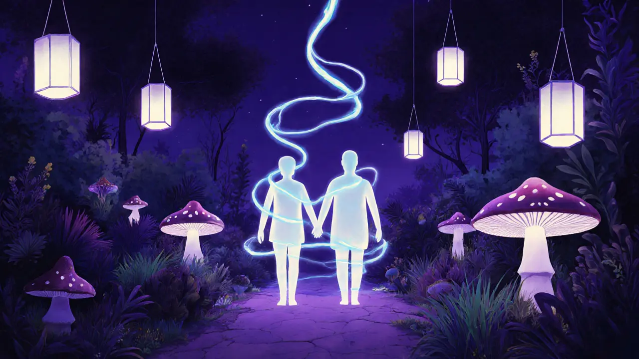 Silhouetted figures walking through a glowing, magical garden with floating lights and bioluminescent plants.