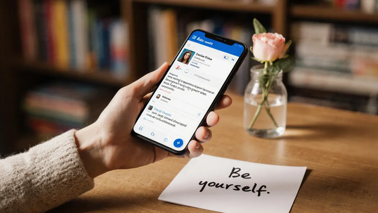 Smartphone displaying a sincere EuroDate profile next to a handwritten note saying &#039;Be yourself.&#039;