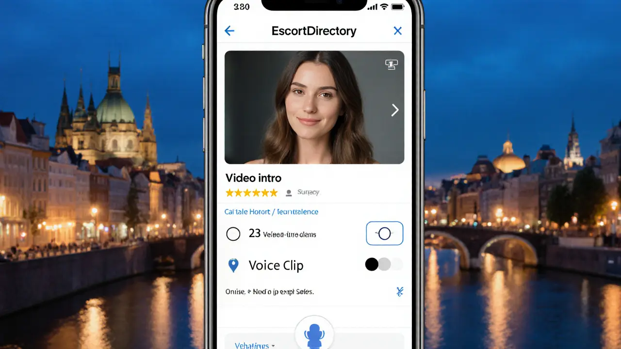 Smartphone screen showing a verified escort profile with reviews and secure payment options.
