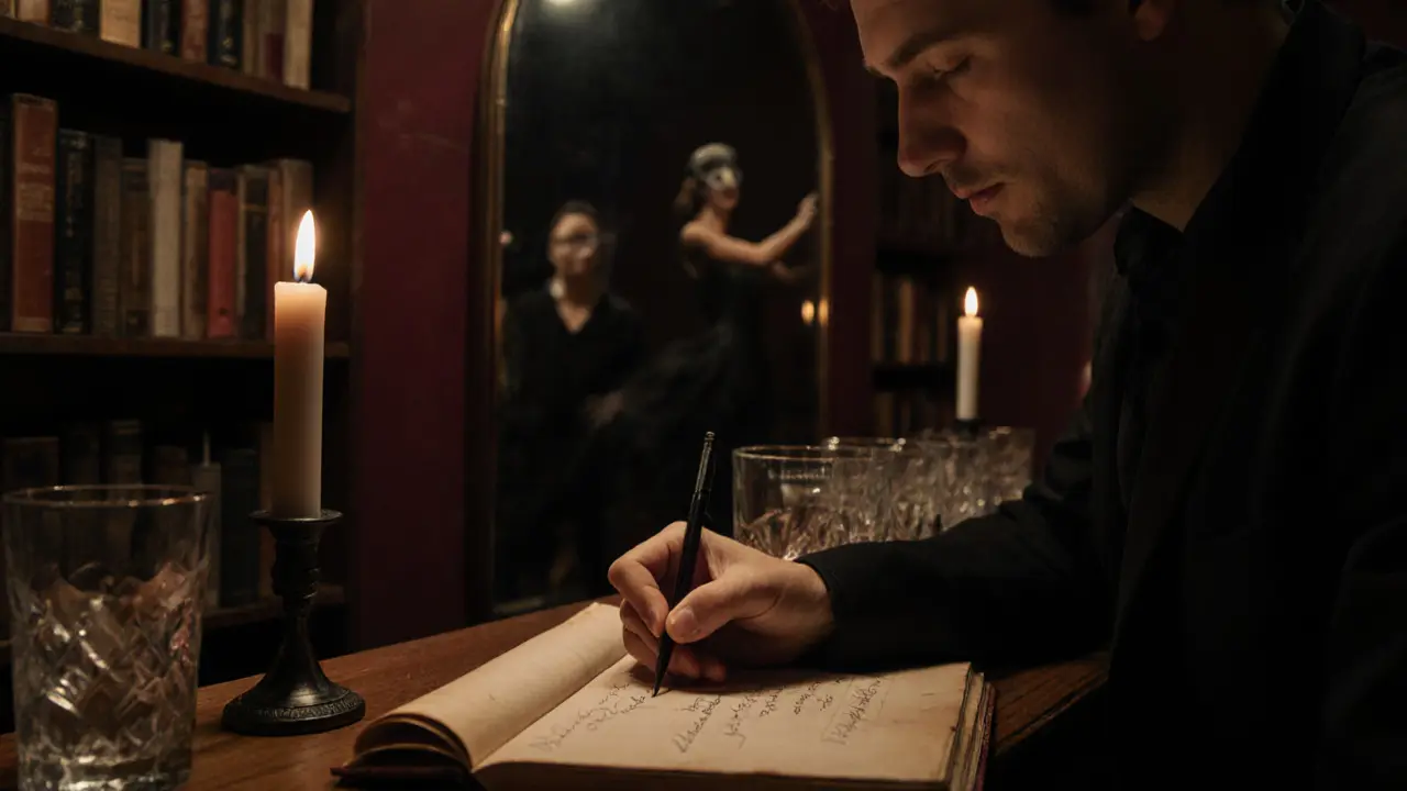 Someone leaving a note in a guestbook at a hidden Soho bar with candlelight and books.