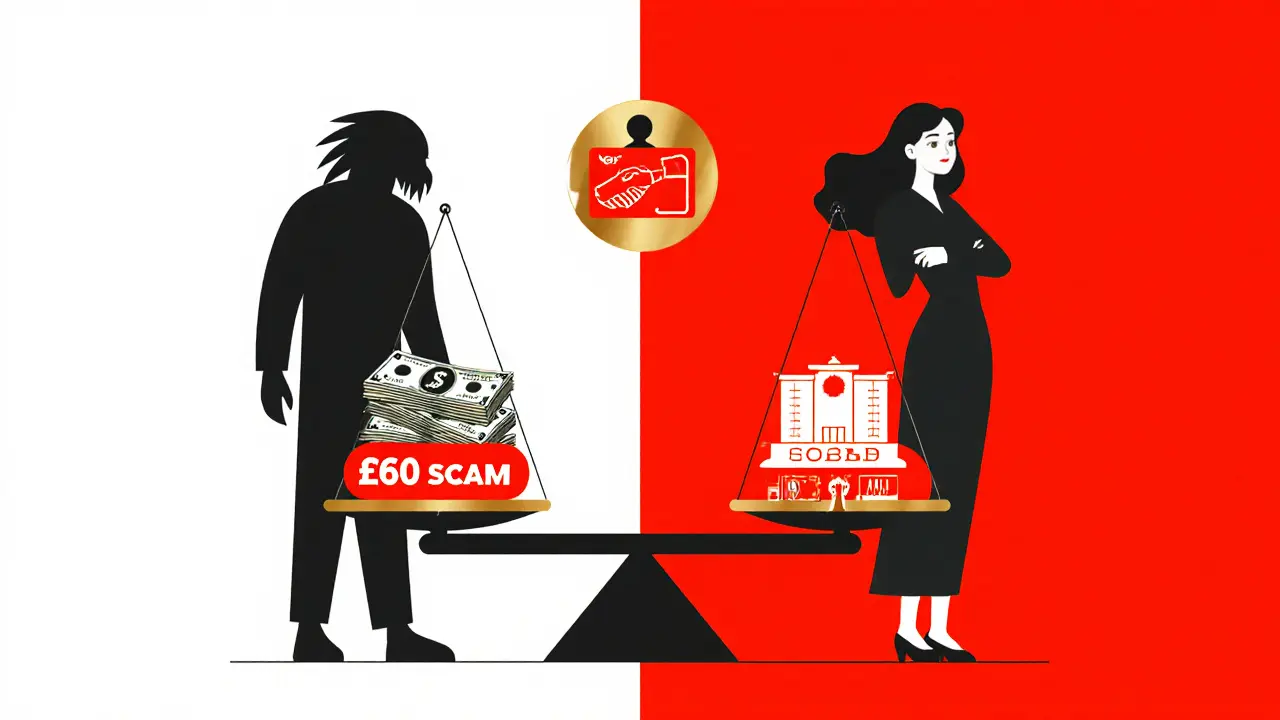 Symbolic scale contrasting a scam with a safe, verified escort meeting, featuring a handshake and profile badge.