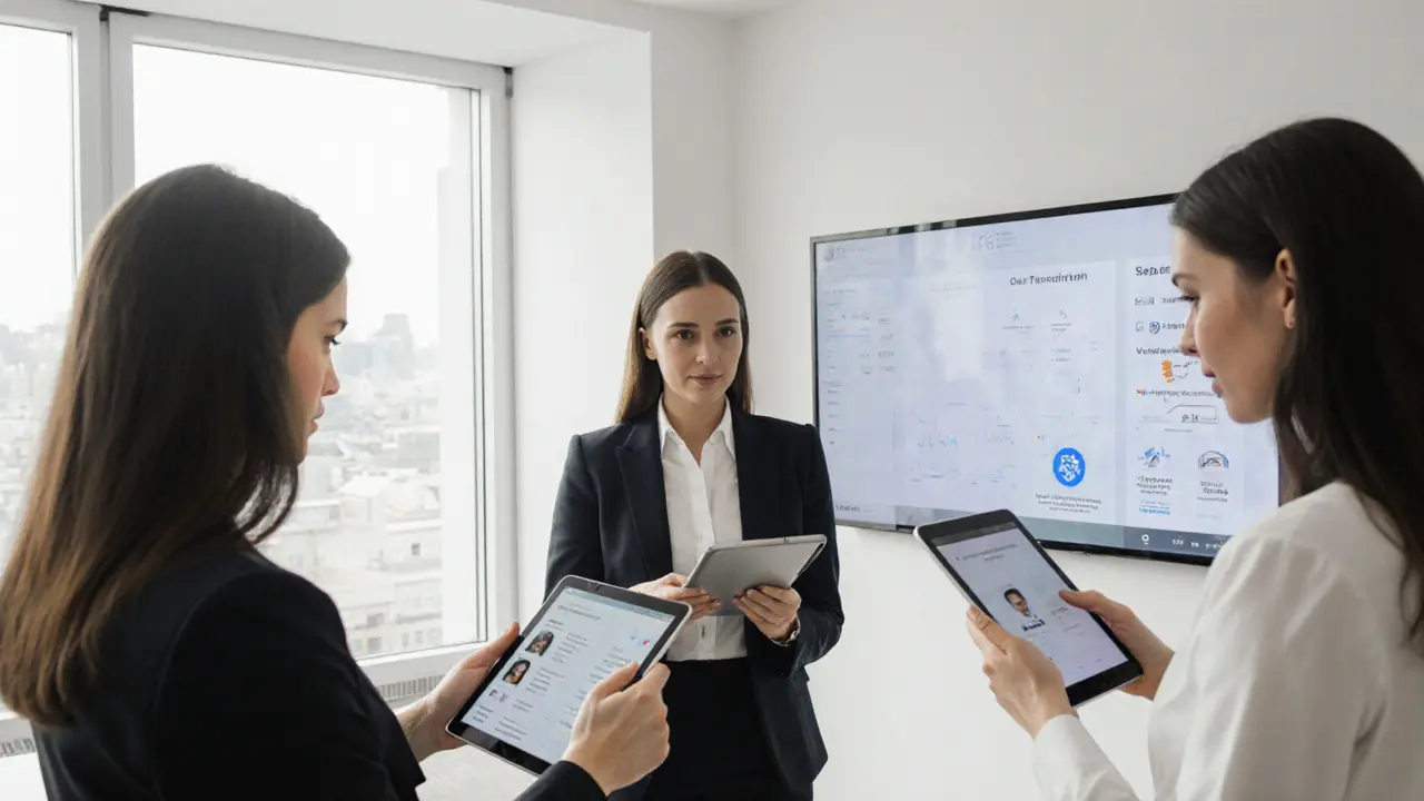 Three professional women review encrypted client profiles in a modern Berlin agency office with natural light and clean design.