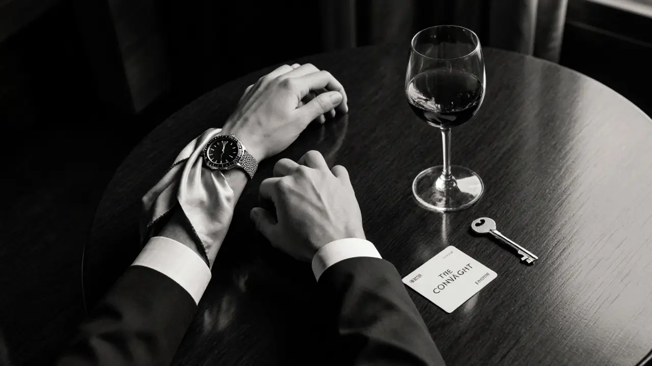 Three refined objects on a wooden table: a watch, a wine glass with a silk scarf, and a hotel keycard.