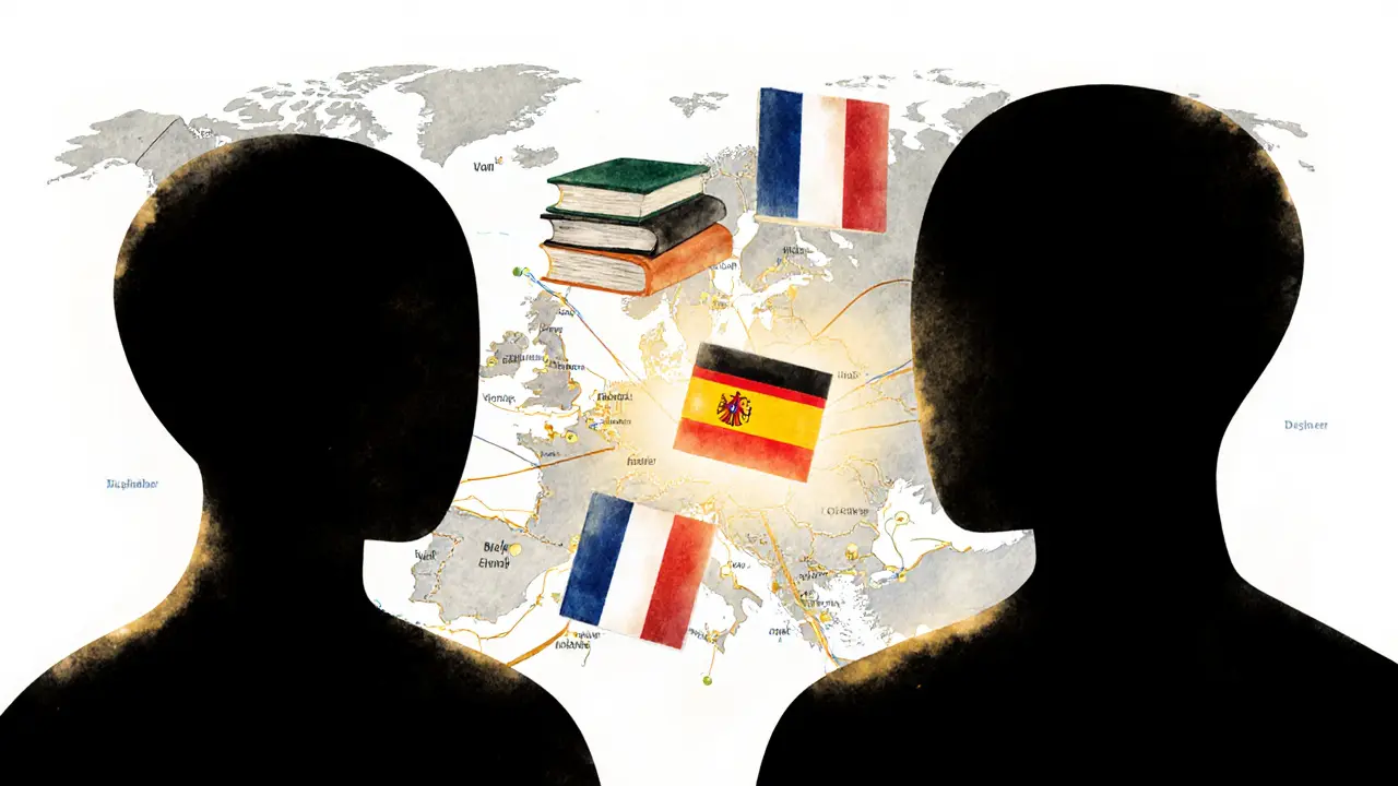 Two abstract figures connected by shared interests across a glowing map of Europe.