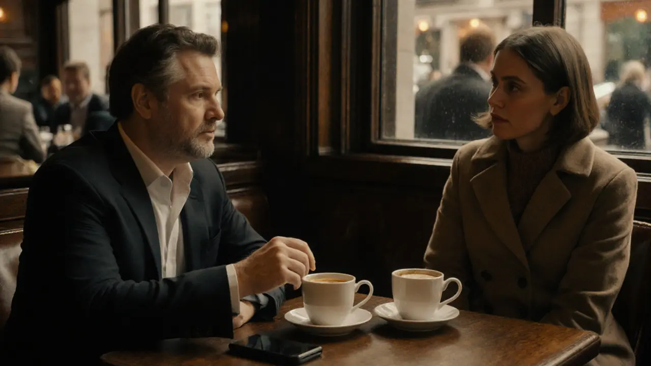 Two adults having a calm, respectful conversation in a London café, emphasizing boundaries and professionalism.