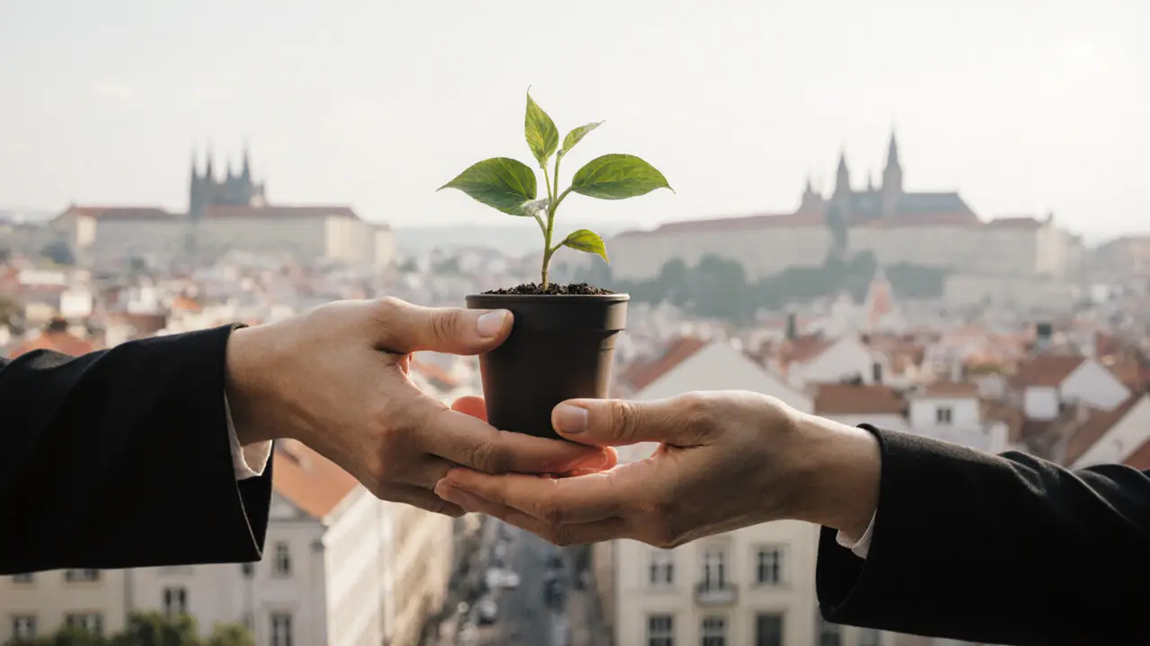 Two hands exchanging a potted plant, symbolizing mutual respect and growth in a European city setting.