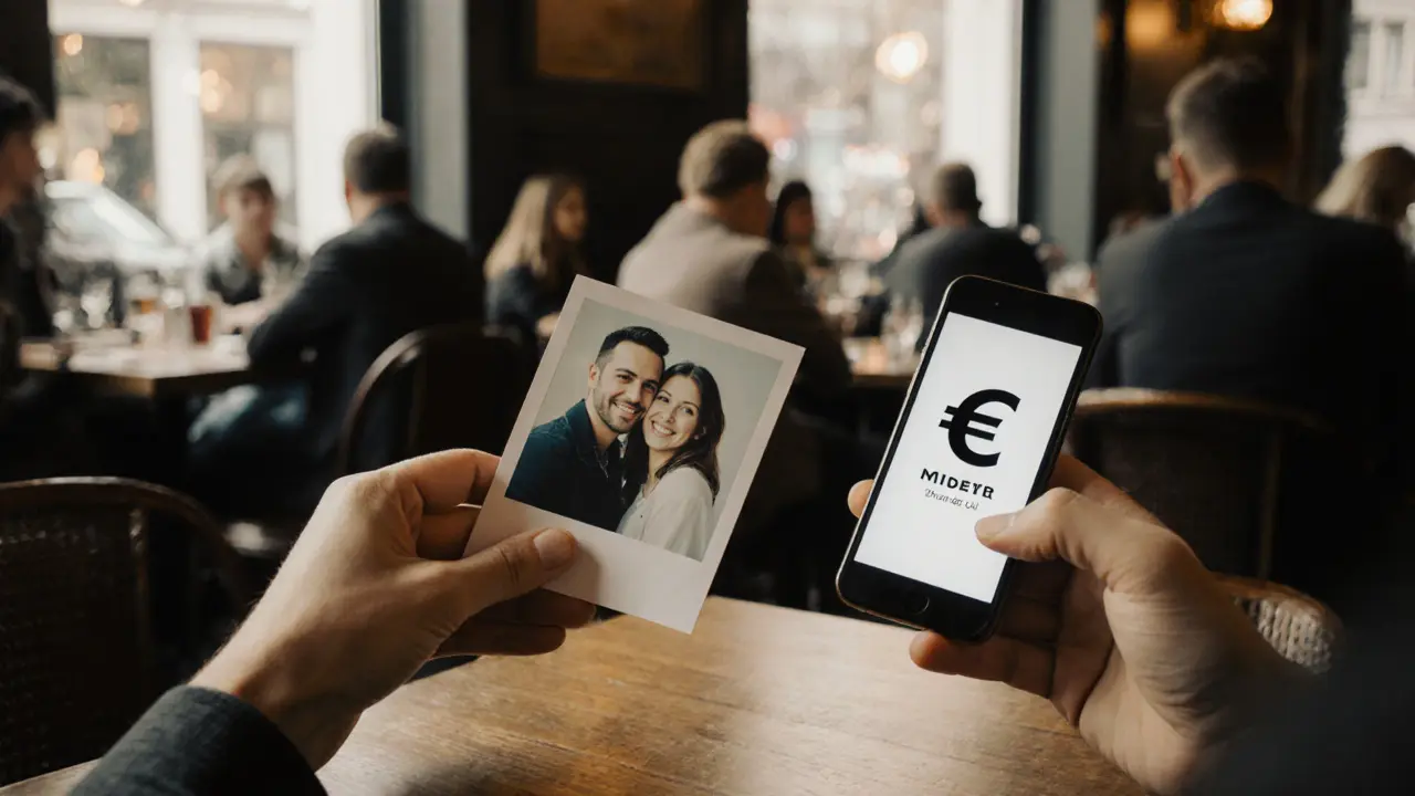 Two hands meeting across a café table, one holding a photo, the other a phone with the euro date logo.