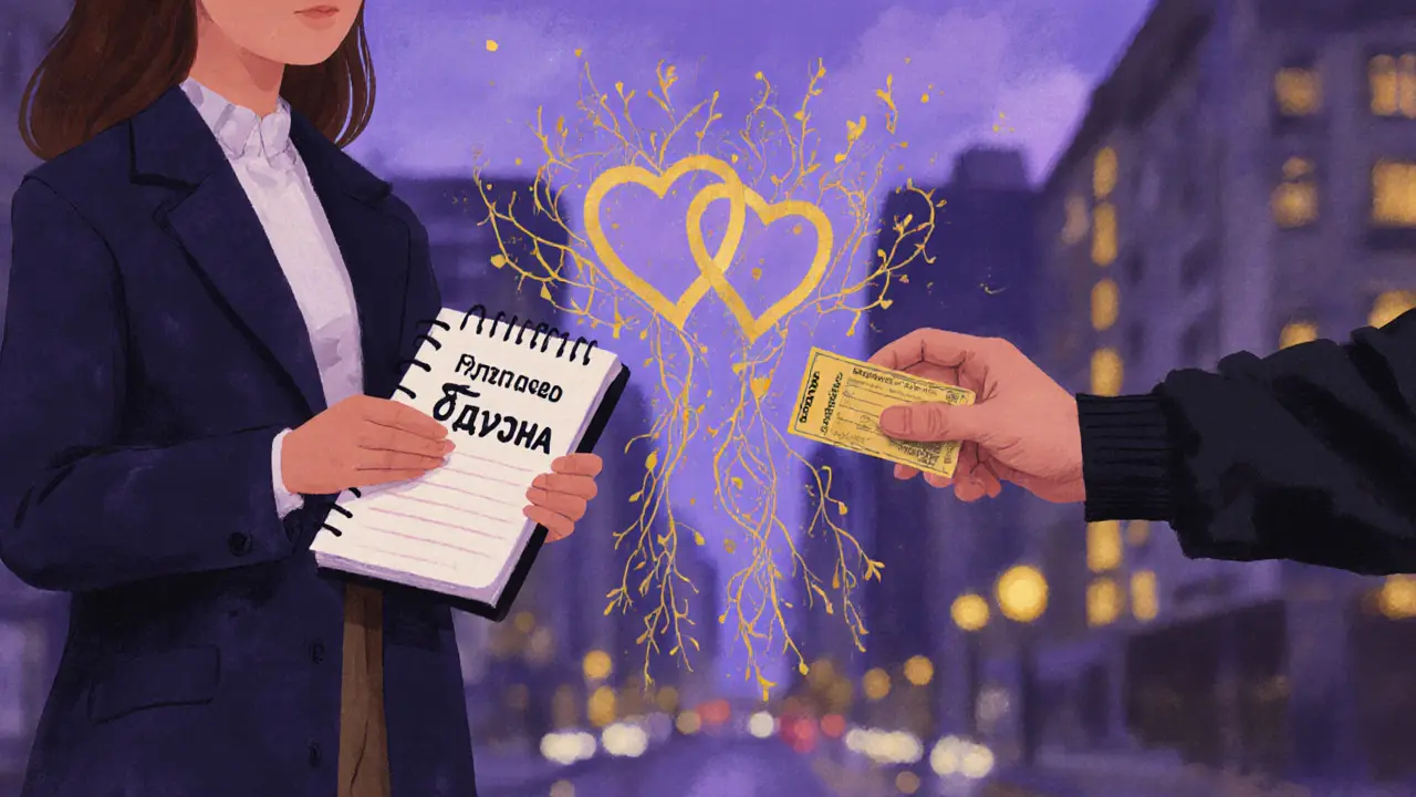 Two hands reach across a cityscape, cultural symbols blending into vines and hearts under twilight light.