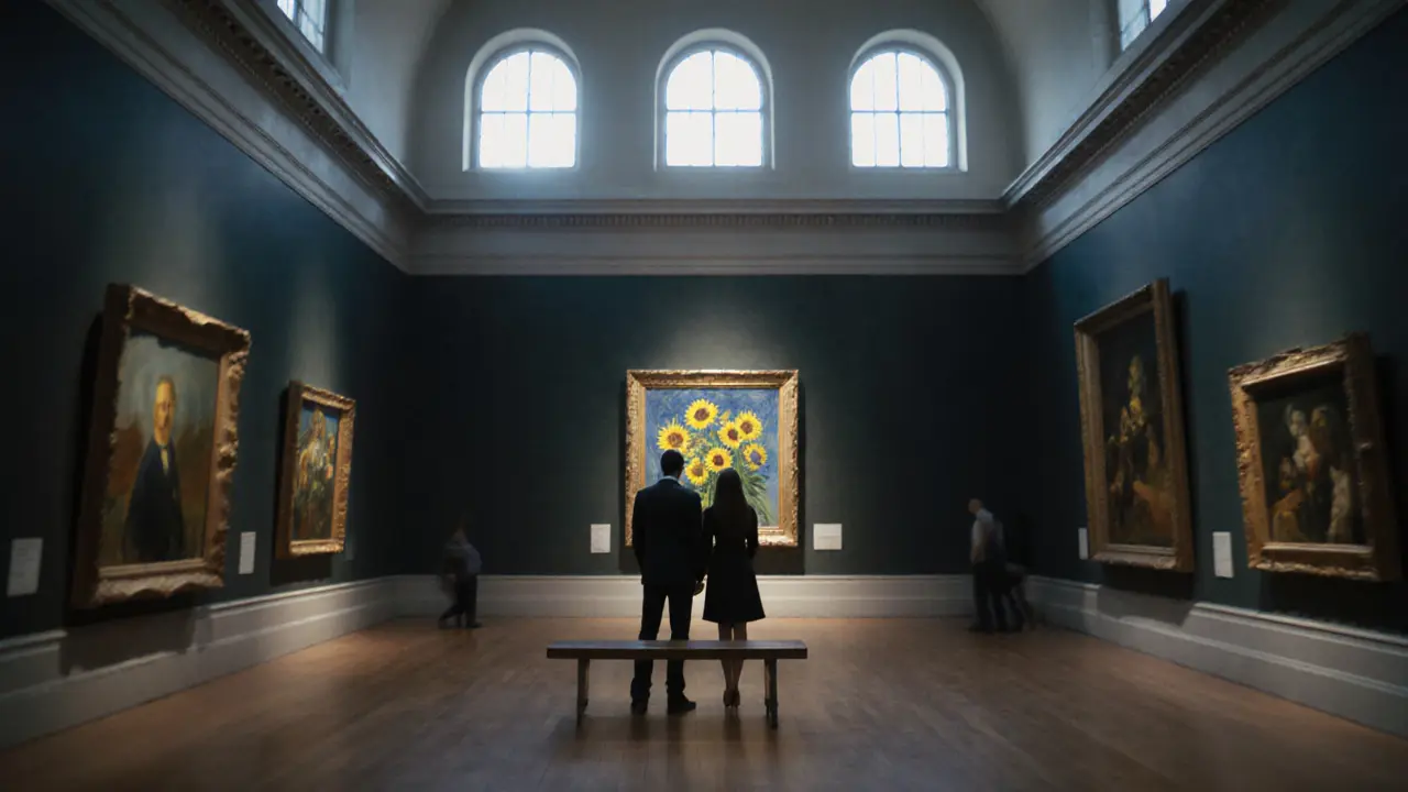 Two people alone in the National Gallery at night, standing before Van Gogh&#039;s &#039;Sunflowers&#039; under soft museum lighting.