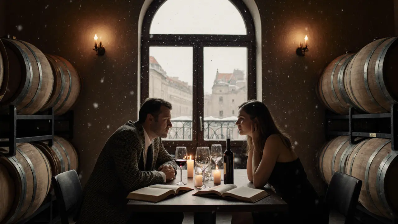 Two people engage in thoughtful conversation over wine in a candlelit Vienna cellar.