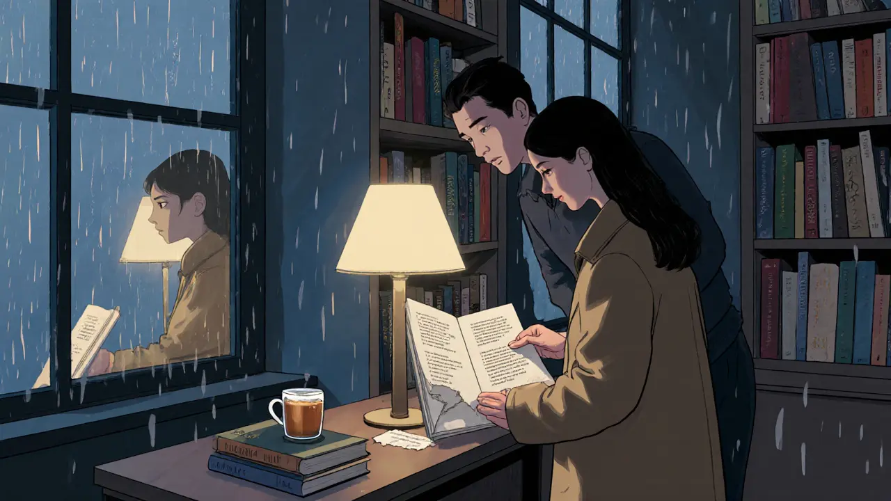 Two people reading together in a quiet Ljubljana bookstore, rain on the windows and warm lamp light.