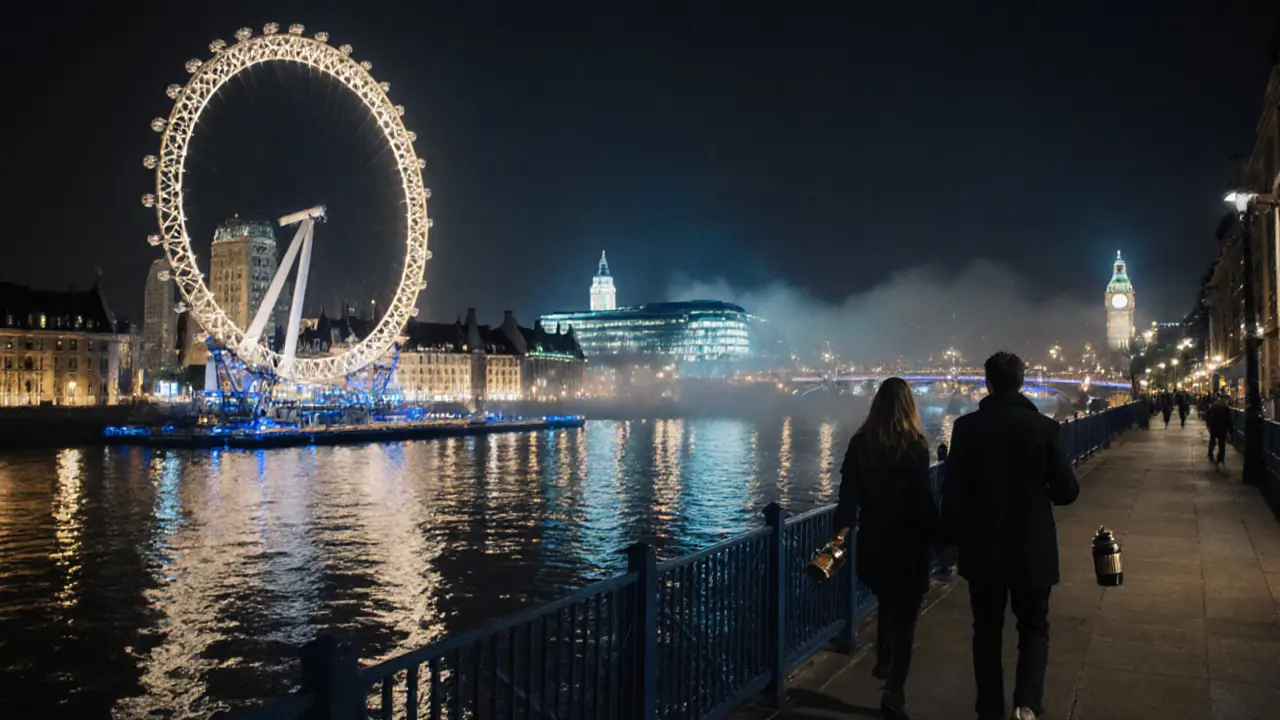 Two people walking hand-in-hand along the Thames at night, city lights reflecting on the water.