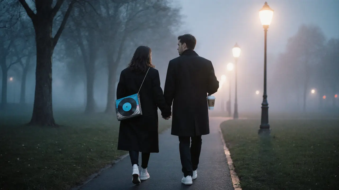 Two people walking peacefully along a misty Berlin park path at sunset.