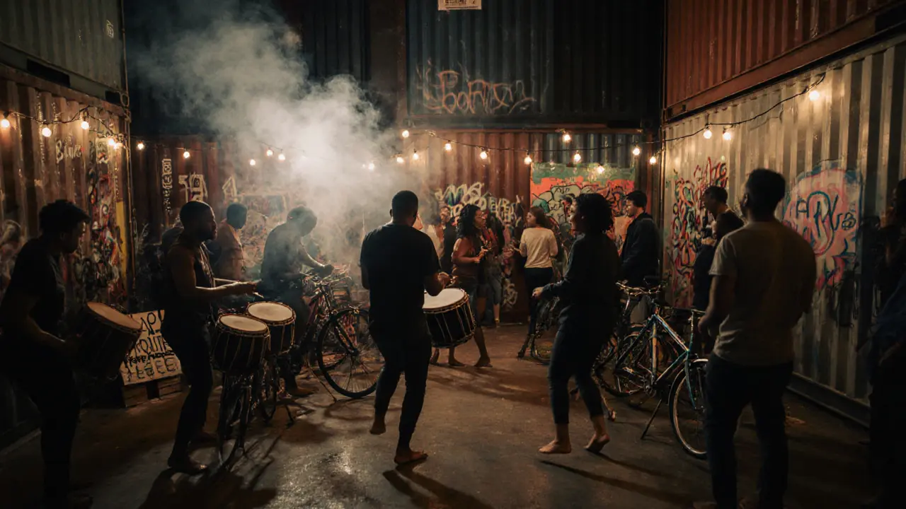 Vibrant underground party in a shipping container venue with live drummers and graffiti walls.