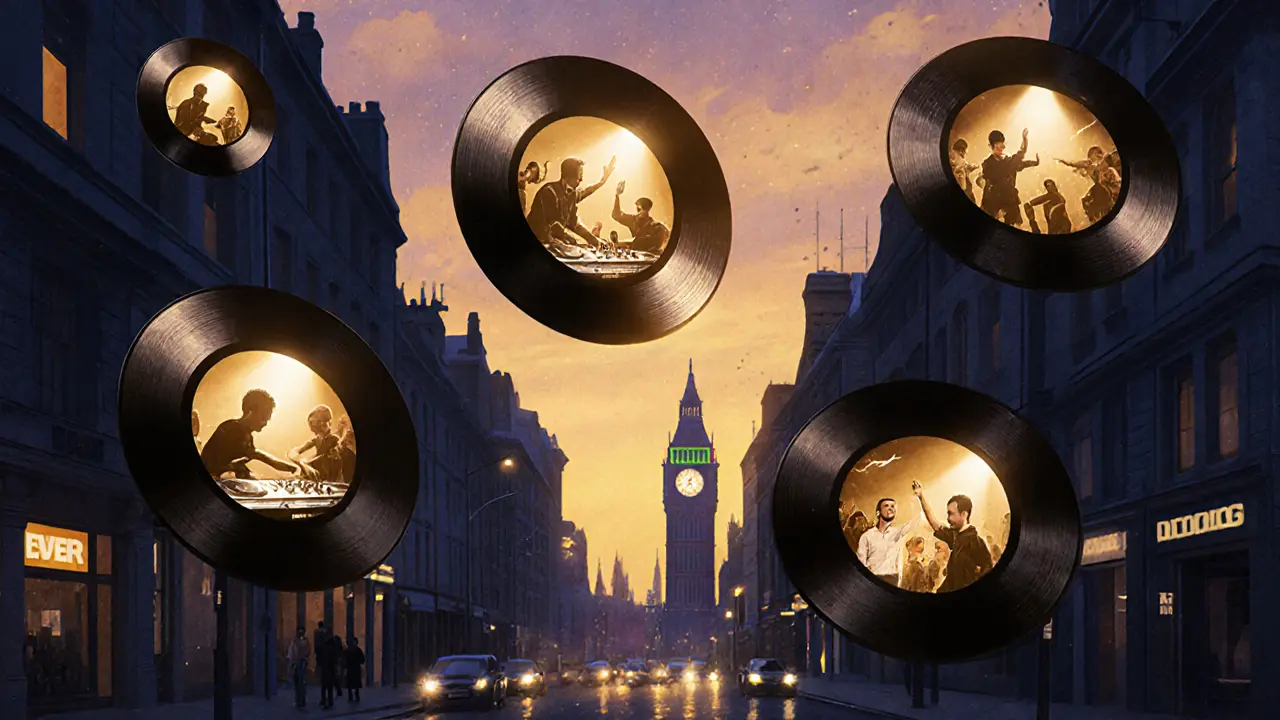 Vintage &#039;The Annual&#039; compilation album floating above London street with glowing vinyl records.