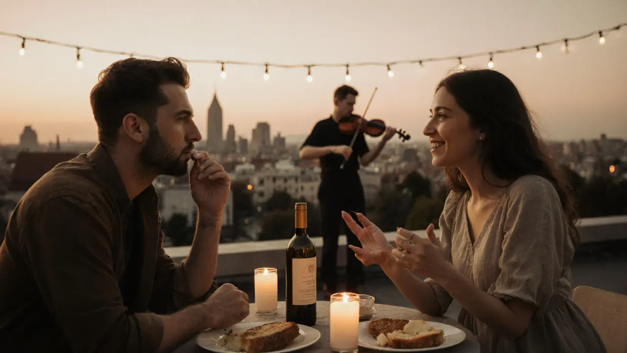 Woman and traveler sharing wine on a Belgrade rooftop as street music plays softly in the distance.