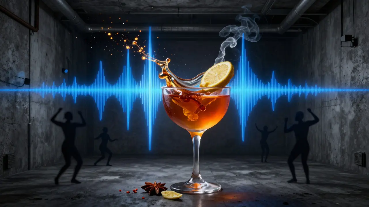 A cocktail's flavors visualized as pulsing sound waves against an industrial nightclub backdrop.