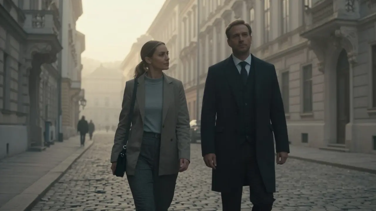 A companion and client walk peacefully through misty Vienna streets at dawn, sharing silent companionship.
