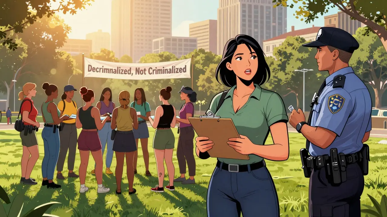 A confident sex worker in New Zealand speaking with a respectful police officer, surrounded by peers in a park at sunrise.