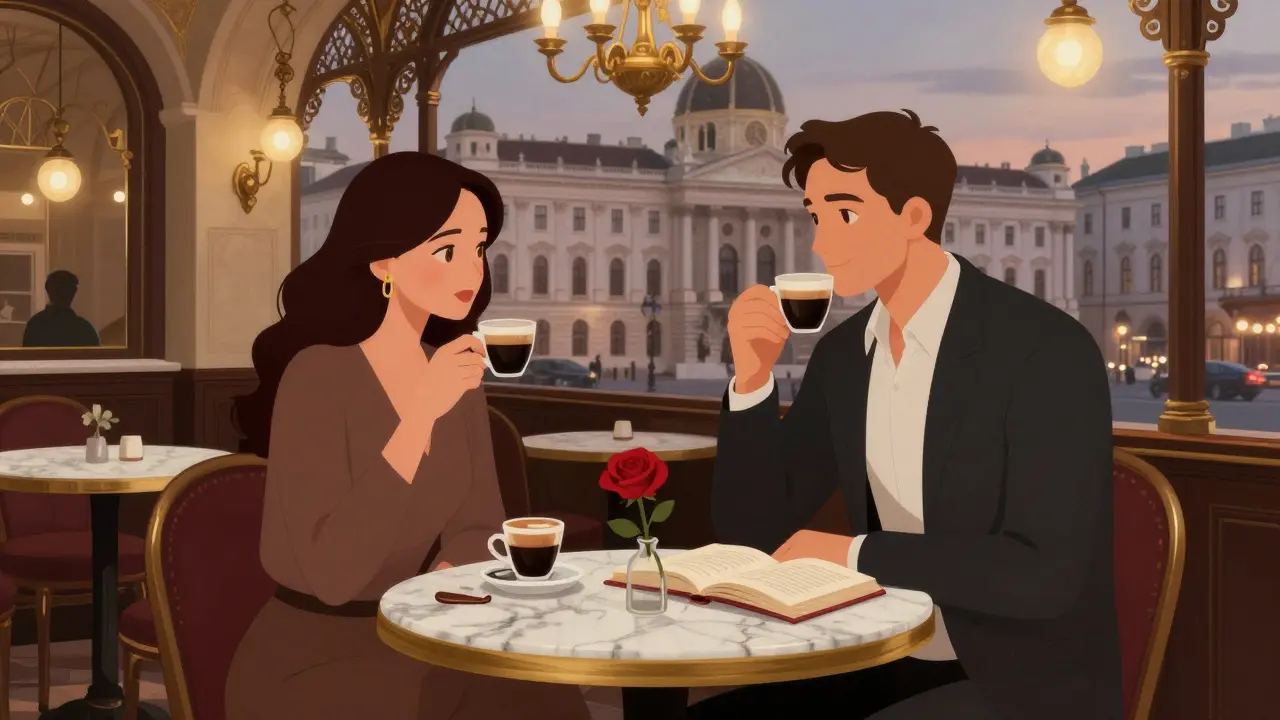 A couple enjoys quiet coffee in a classic Viennese café with ornate decor and soft twilight lighting.