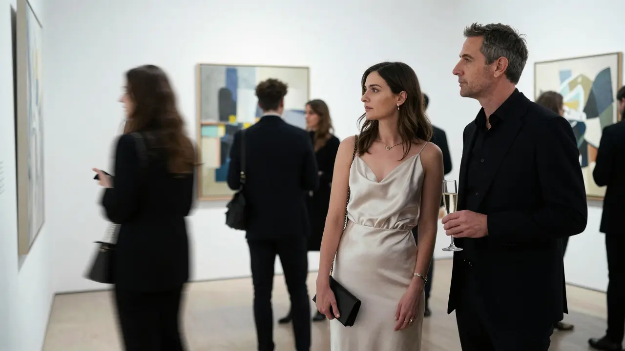 A couple observing art together at a refined gallery opening in Mayfair, London.