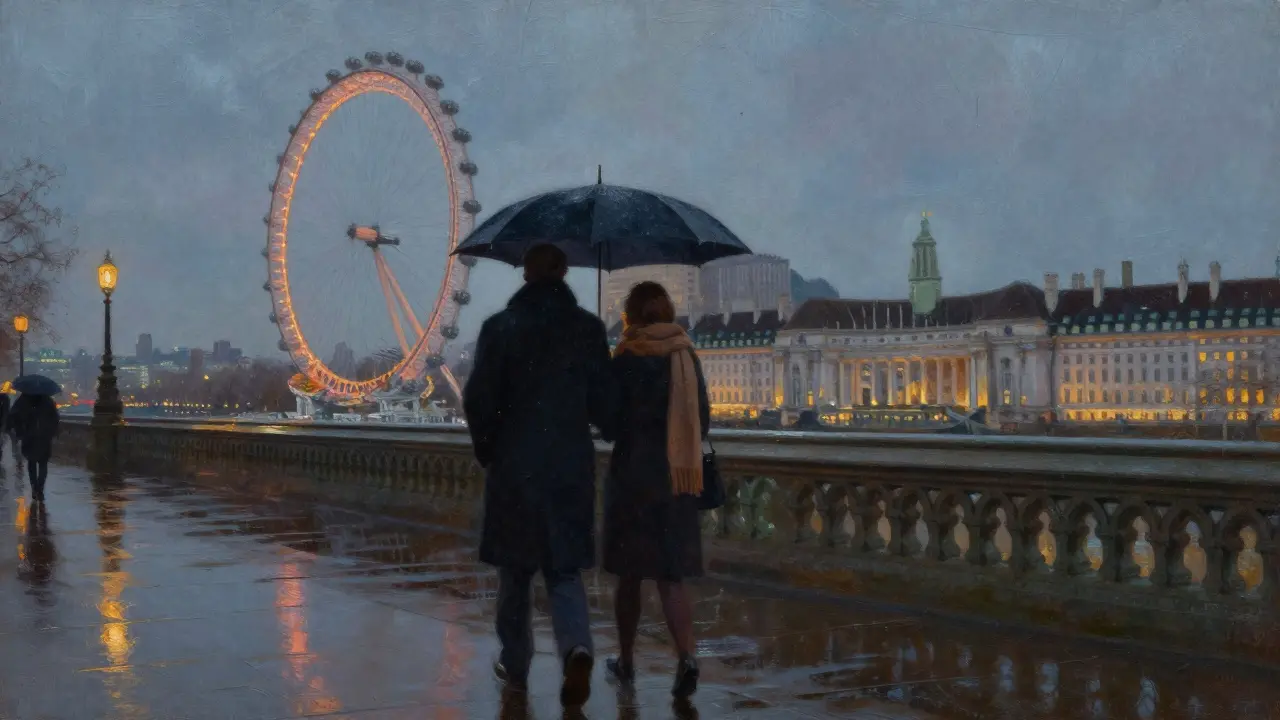 A couple walking under an umbrella along the Thames at night, city lights reflecting on wet pavement.