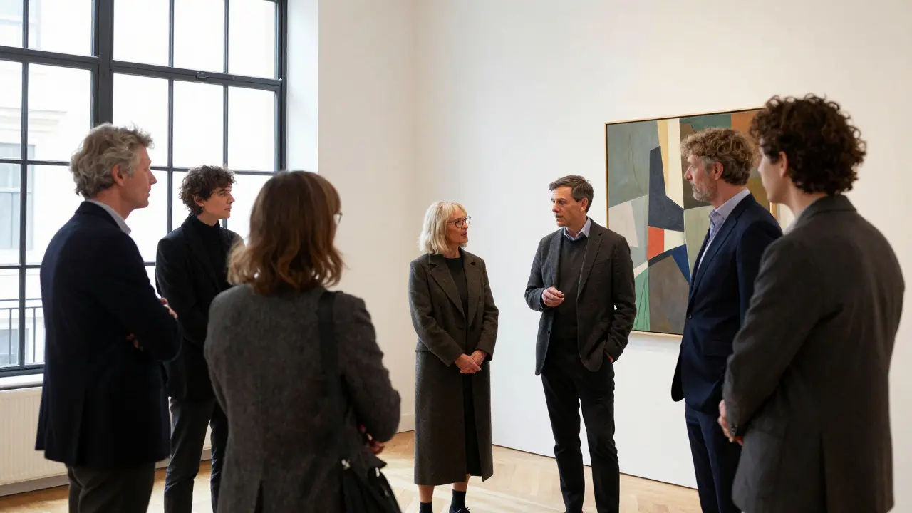 A diverse group at a London art gallery, engaged in a calm, meaningful exchange beside a contemporary painting.