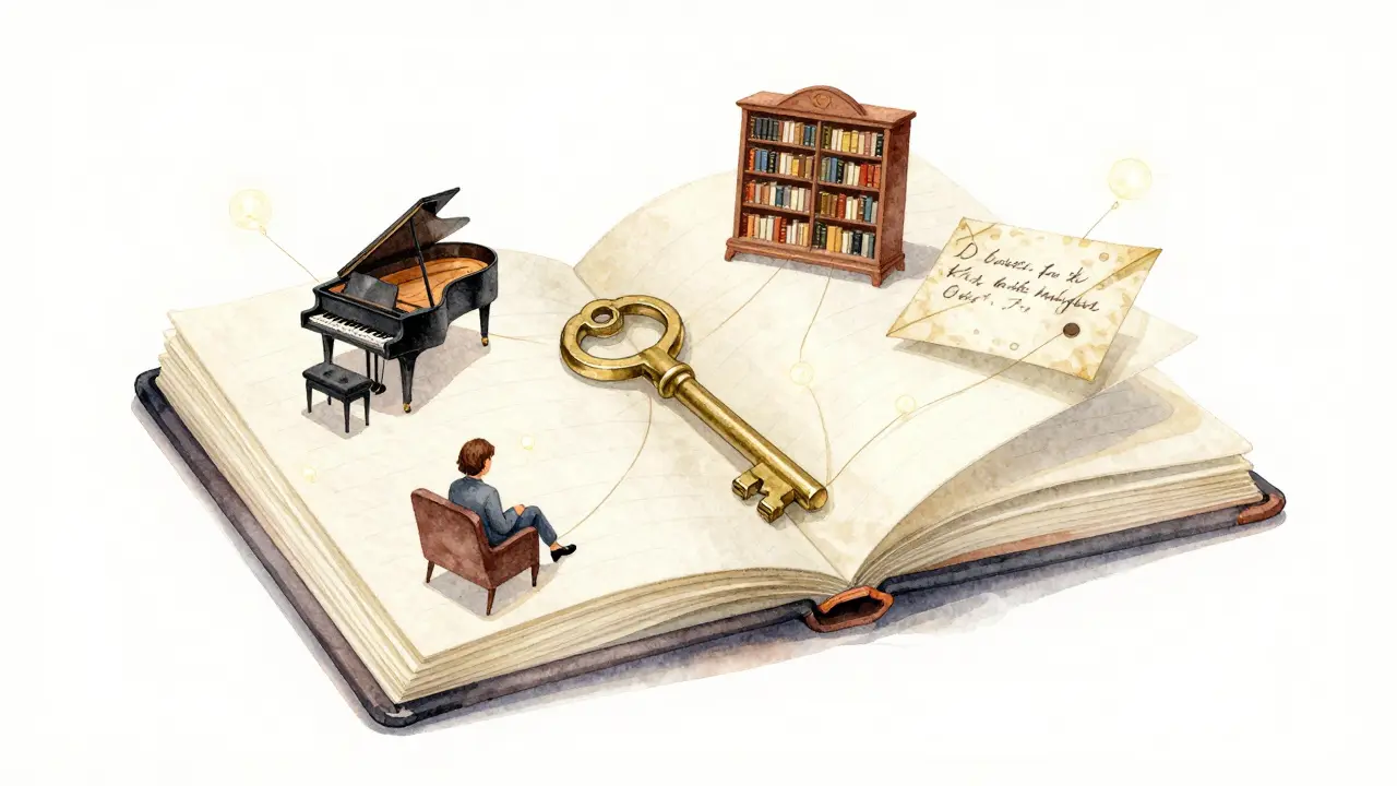 A floating notebook with scenes of meaningful moments from London companionship, tied by threads of light.