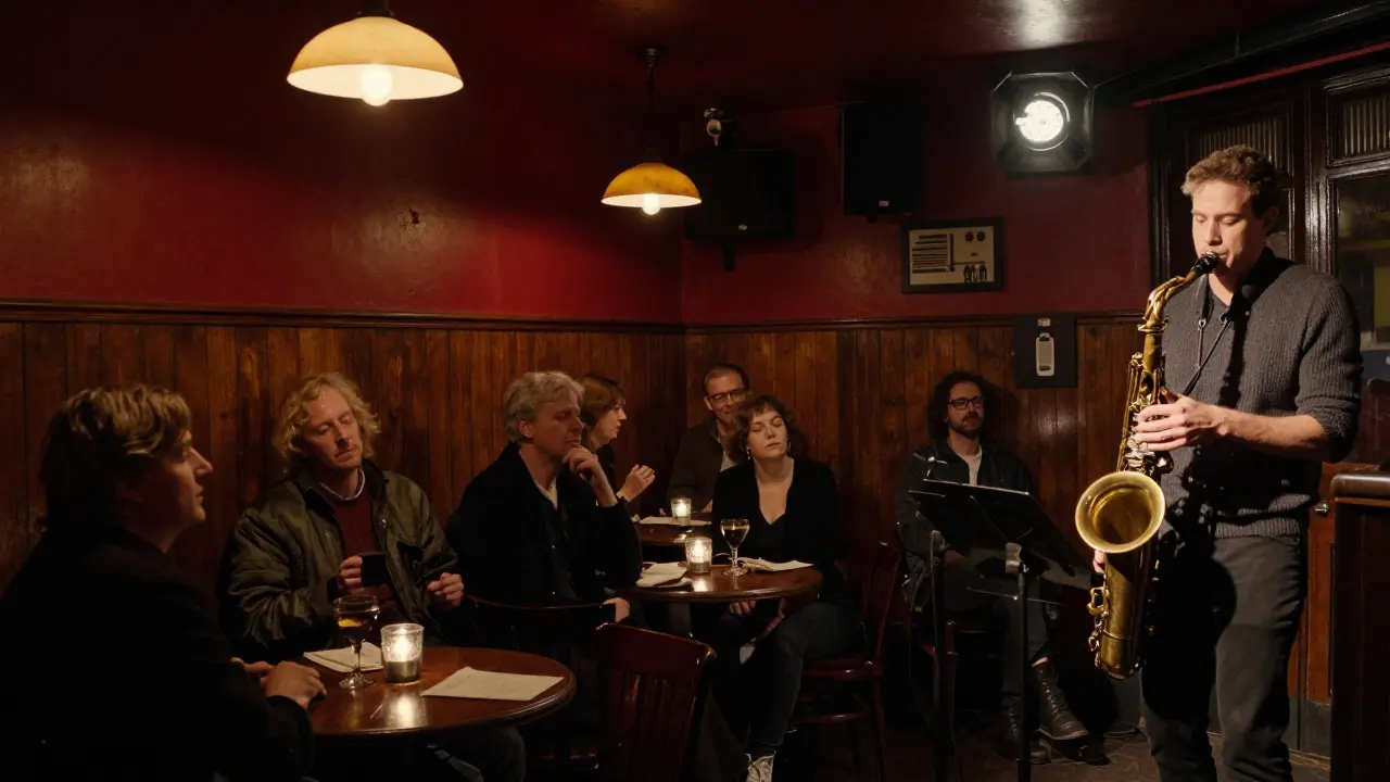 A jazz saxophonist performs under a spotlight in a smoky, intimate club with attentive listeners.