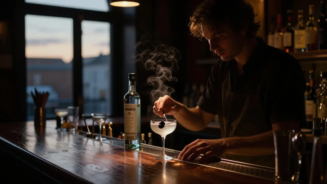 A lone bartender preparing a mysterious late-night drink as dawn approaches, empty glasses nearby.