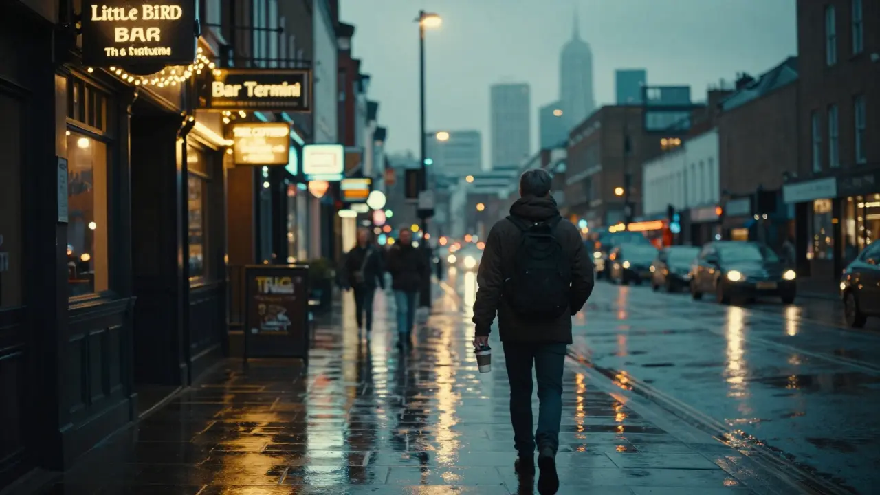 A lone figure walks through a rainy, neon-lit street at night, reflections glowing in puddles.