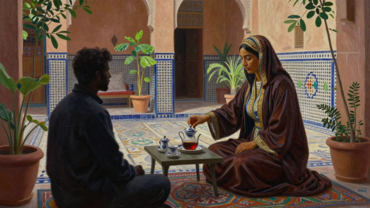 A Moroccan woman serving tea in a sunlit courtyard, blending hospitality and sex work in a culturally nuanced scene.