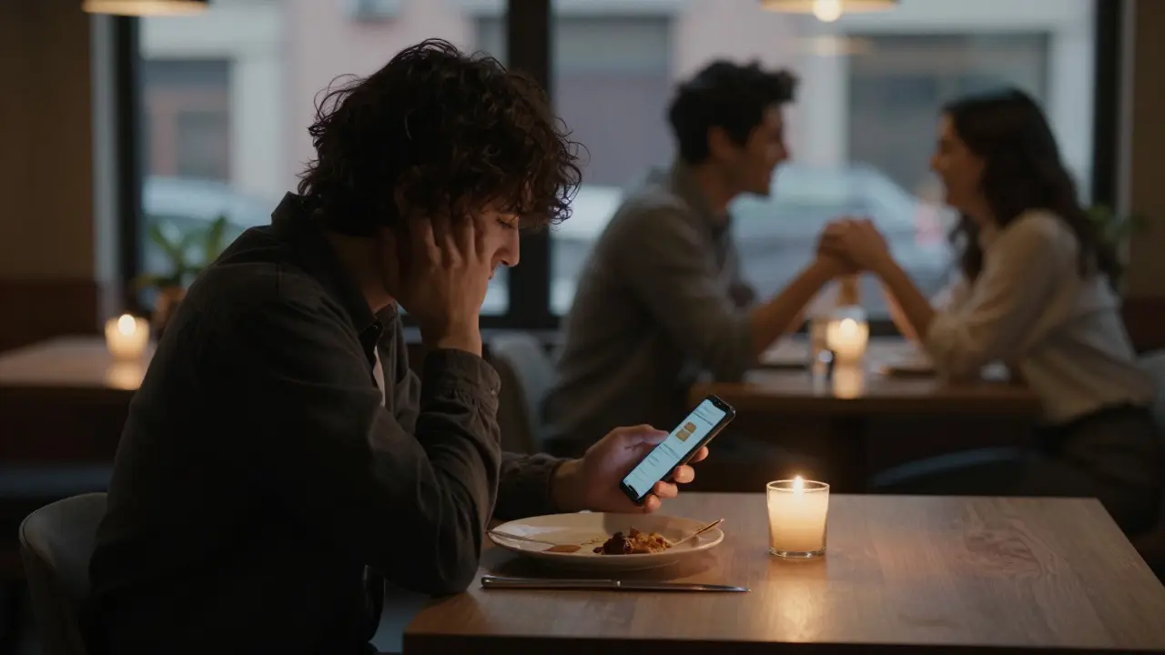 A person alone at a restaurant table, staring at a silent phone while other couples laugh nearby.