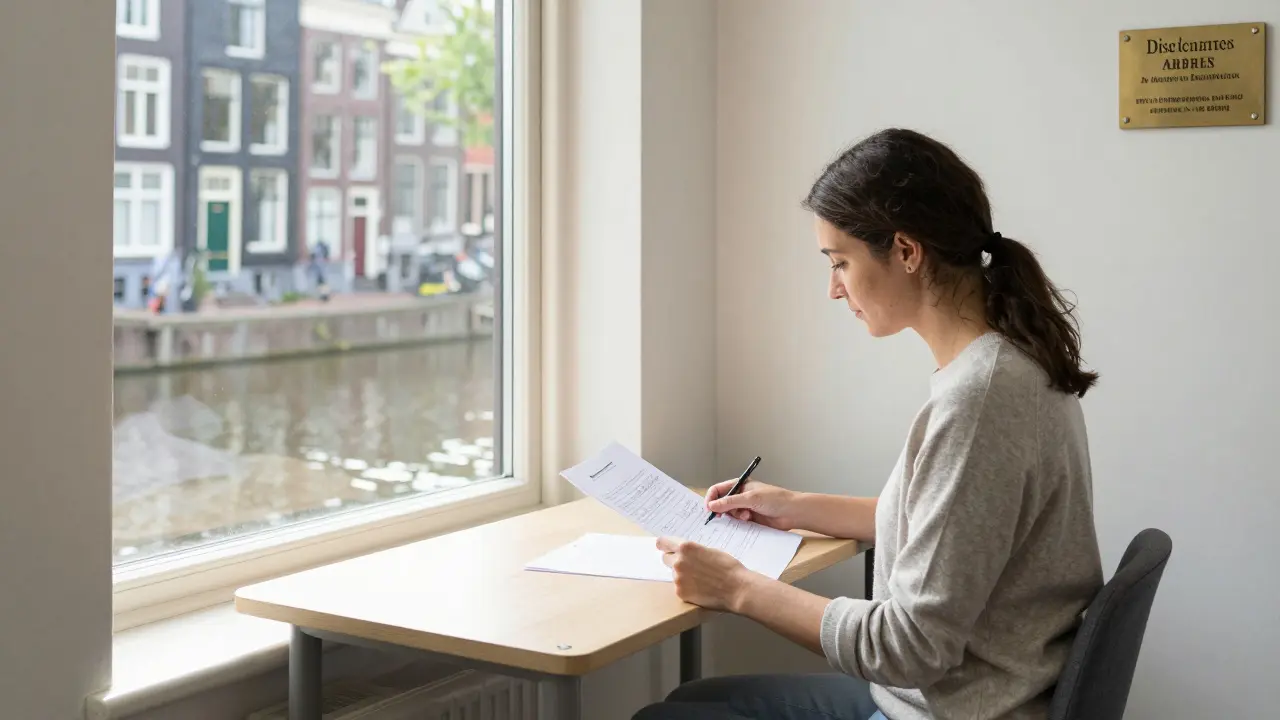 A regulated sex worker in Amsterdam reviewing documents in a well-lit room with a registration plaque on the wall.