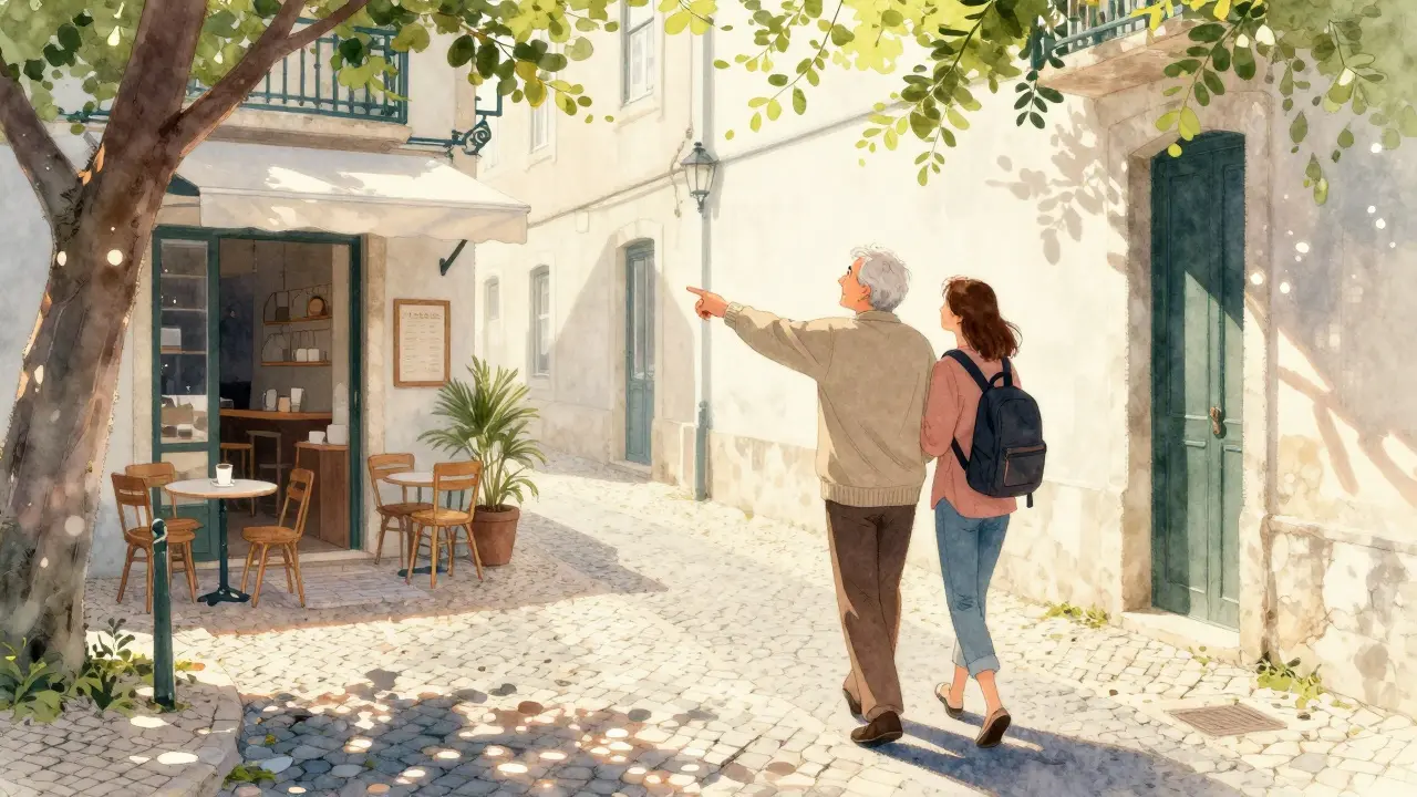A retired teacher shows a backpacker a hidden café in Lisbon, morning sunlight filtering through trees.