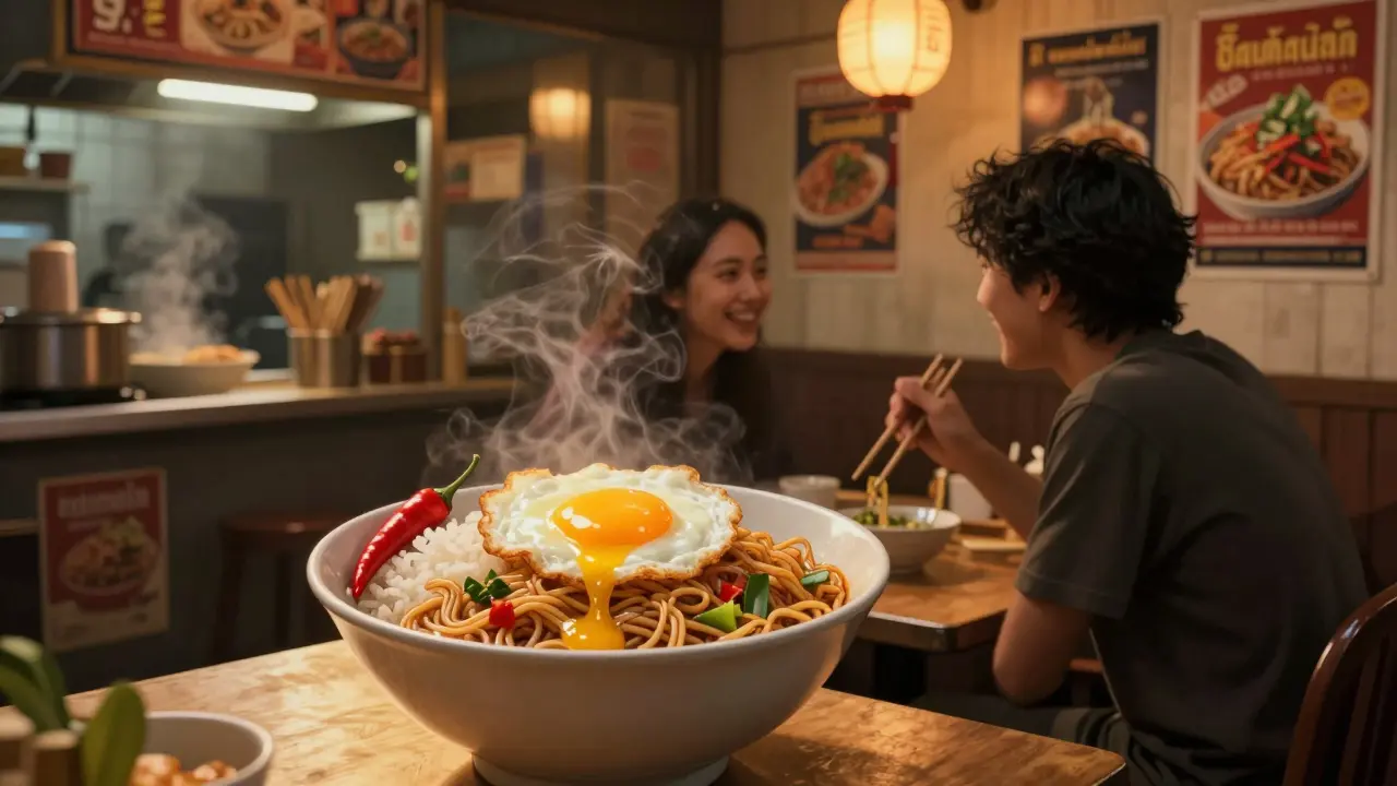 A steaming bowl of pad kra pao with a runny fried egg at a late-night Thai restaurant in Camden.