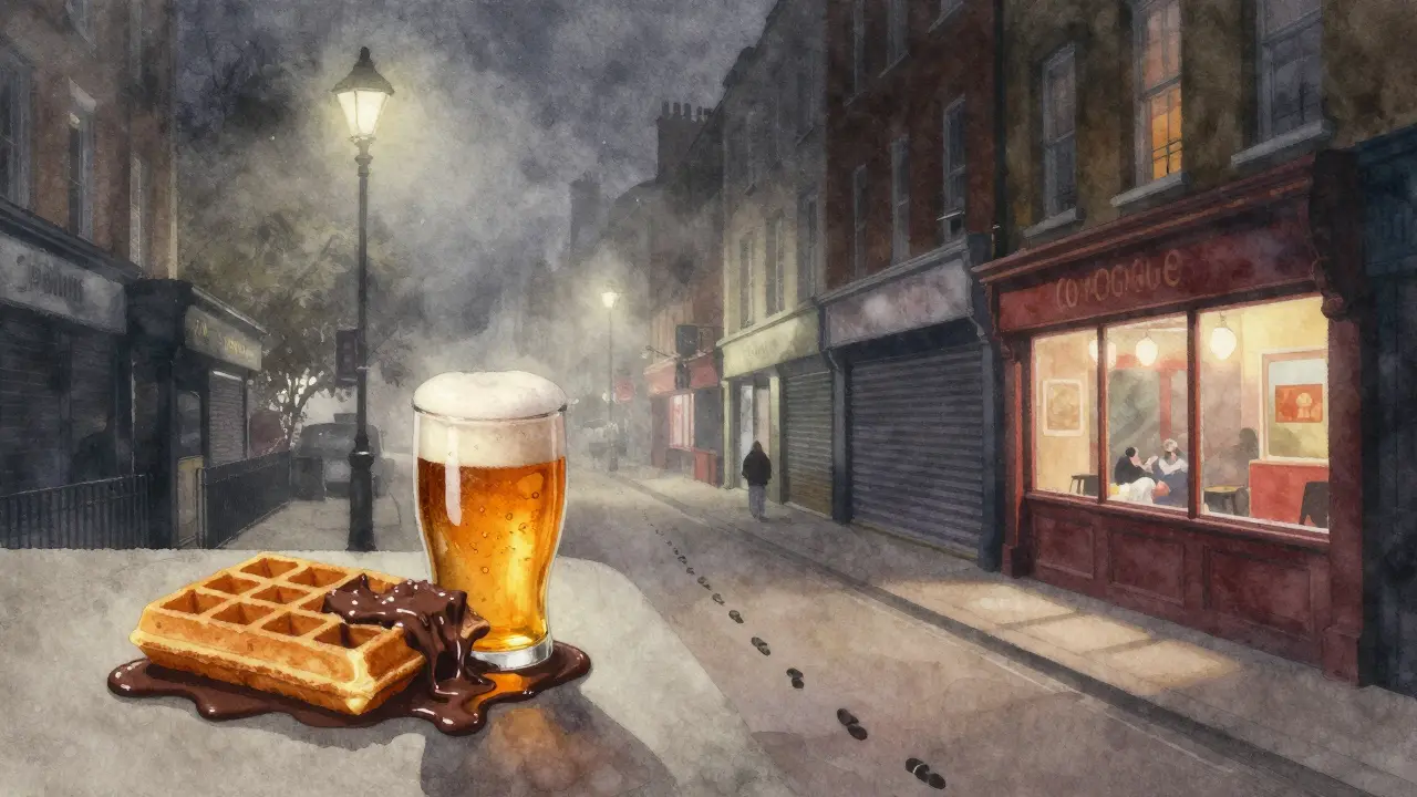 A surreal blend of late-night food and drink symbols fading into London’s foggy streetlights.