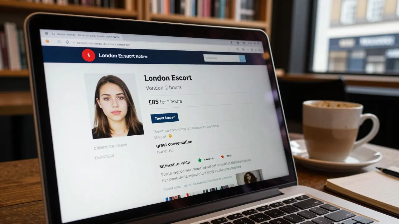 A verified escort profile on a laptop with clear pricing and genuine client reviews displayed.