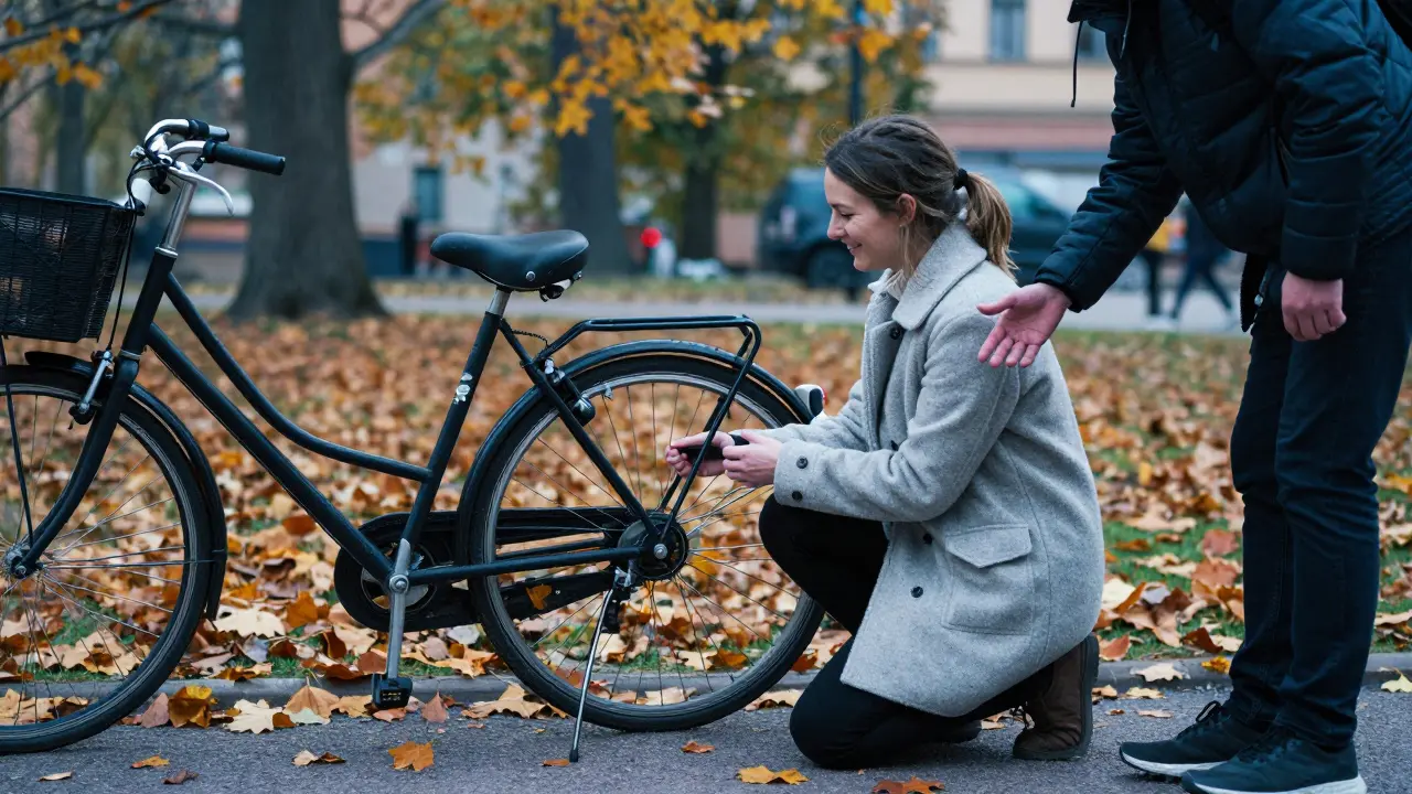 A woman helping fix a bike in a Stockholm park, autumn leaves, casual clothing.