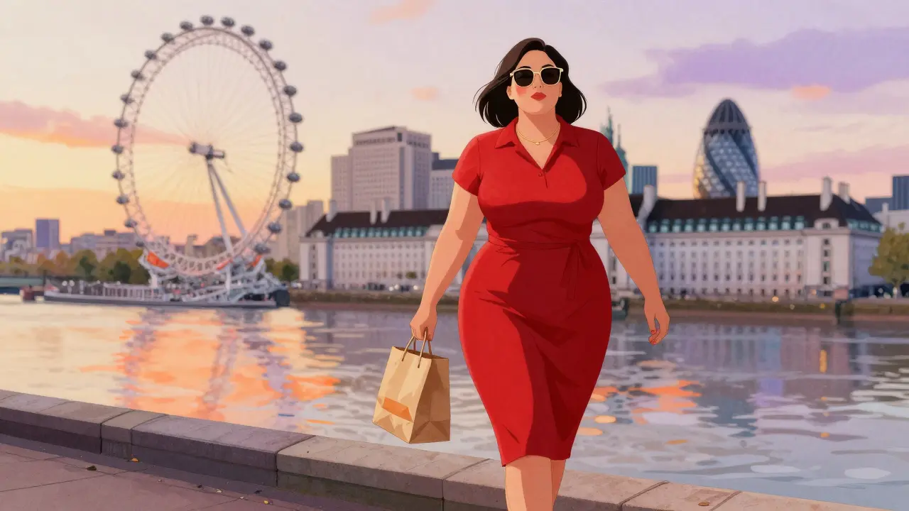 A woman in a red dress walks peacefully along the Thames at sunset in Chelsea.
