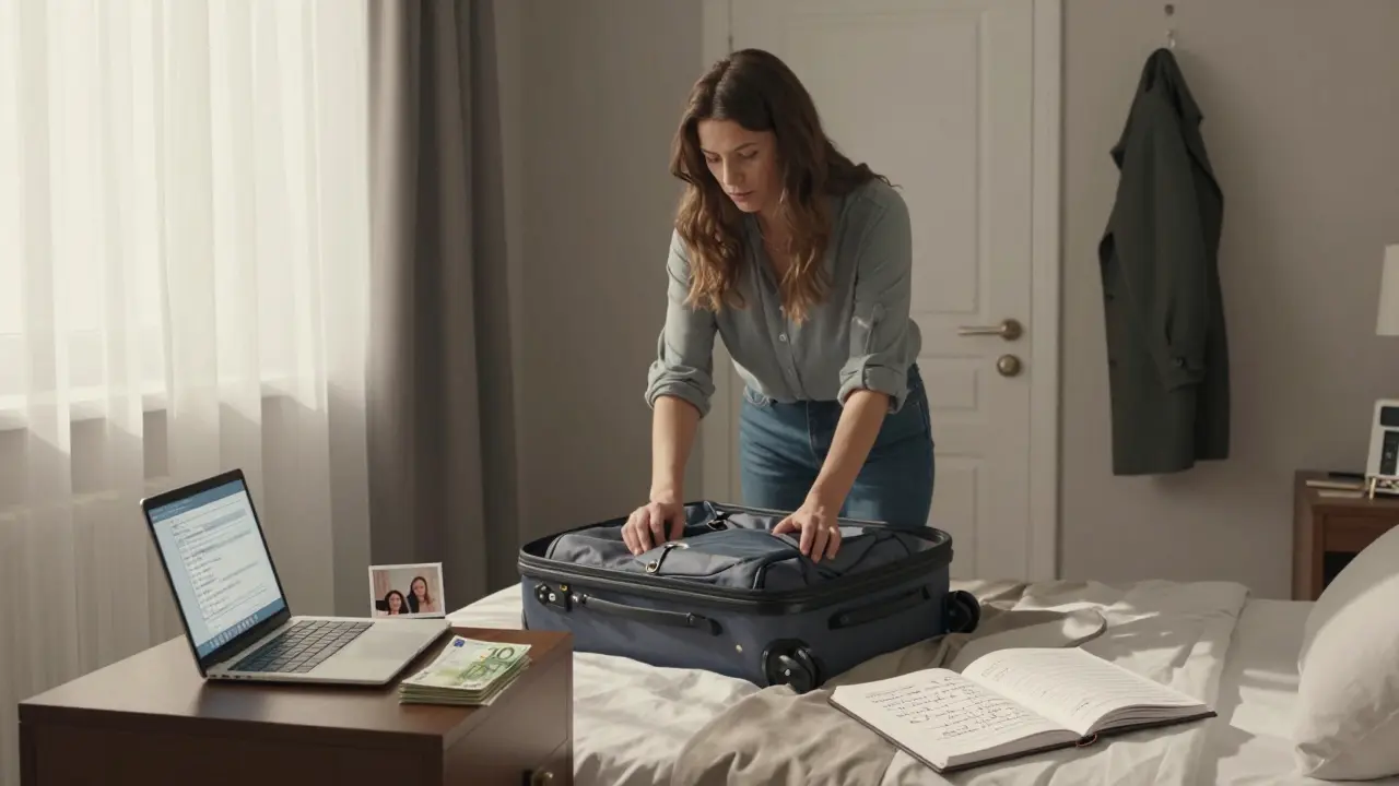 A woman packing in a hotel room with earnings, family photo, and booking details nearby.