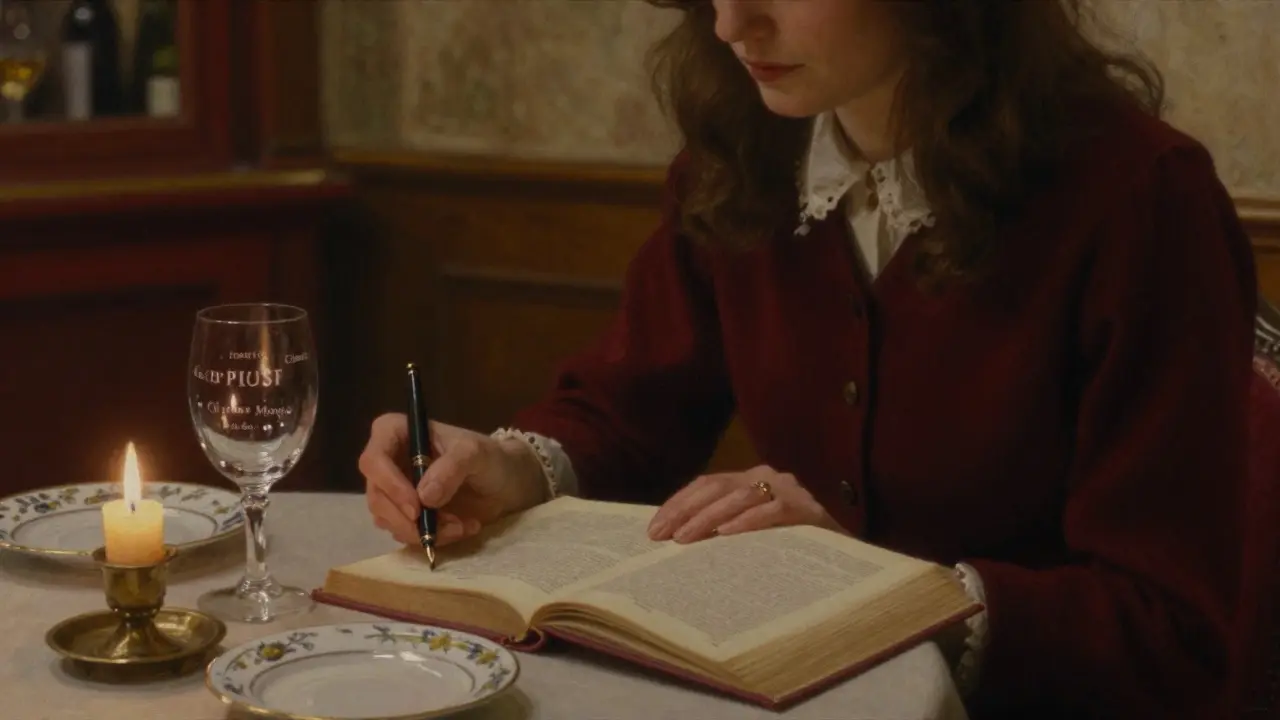 A woman reading Proust beside a glass of fine wine in a quiet Parisian restaurant room.