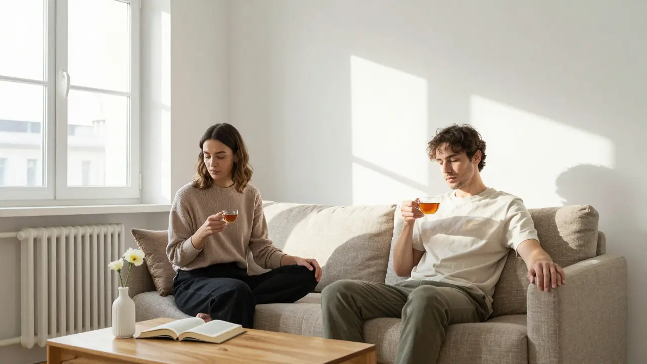 A woman sits quietly beside a man in a sunlit Berlin apartment, offering calm presence without physical contact.