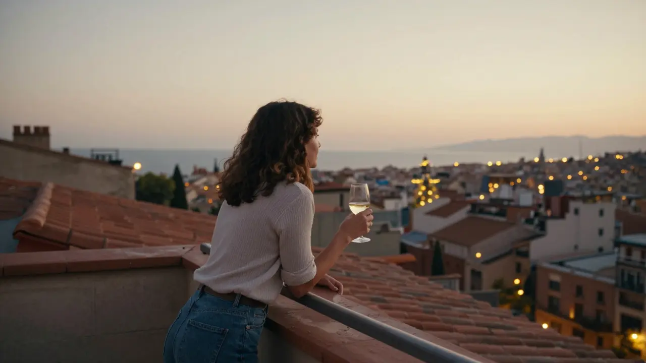 A woman stands on a Barcelona rooftop at sunset, wine in hand, overlooking terracotta roofs and city lights.
