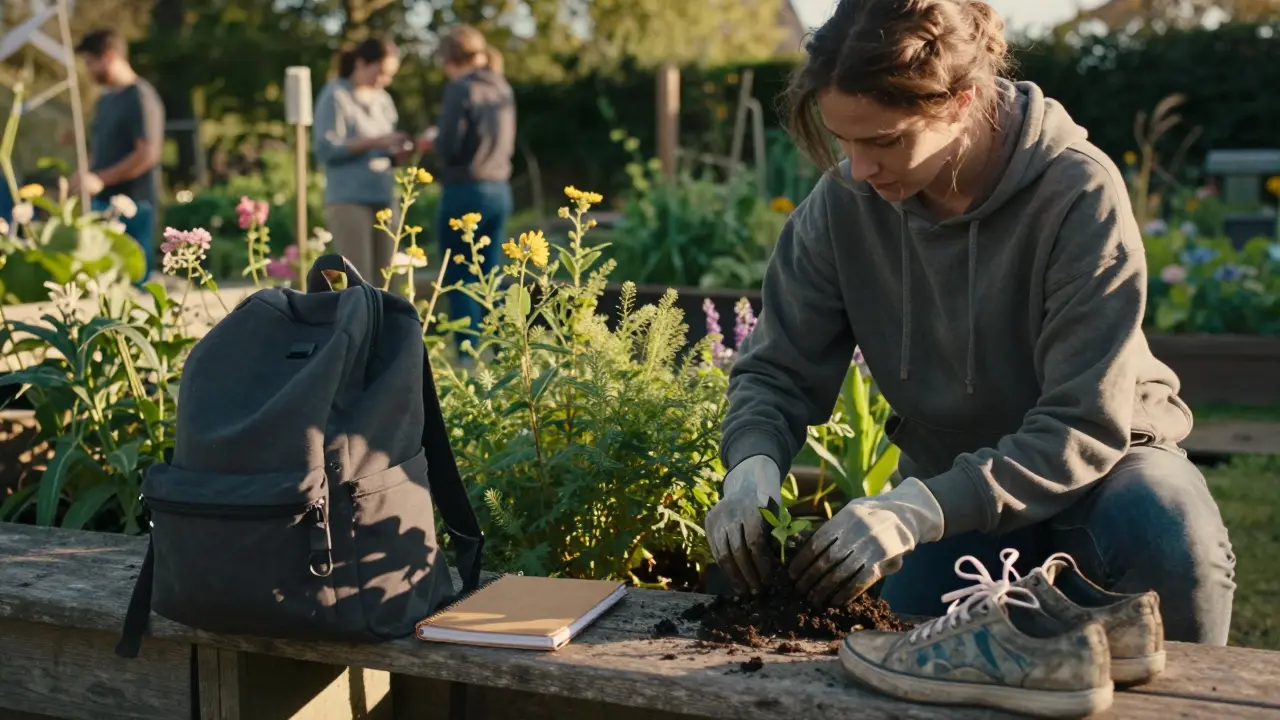 A woman tends to plants in a community garden, wearing a hoodie and gloves, surrounded by herbs and sunlight.